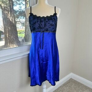 In Bloom Lace Trim Babydoll Chemise Slip Dress Women M Blue Silky Romantic Party